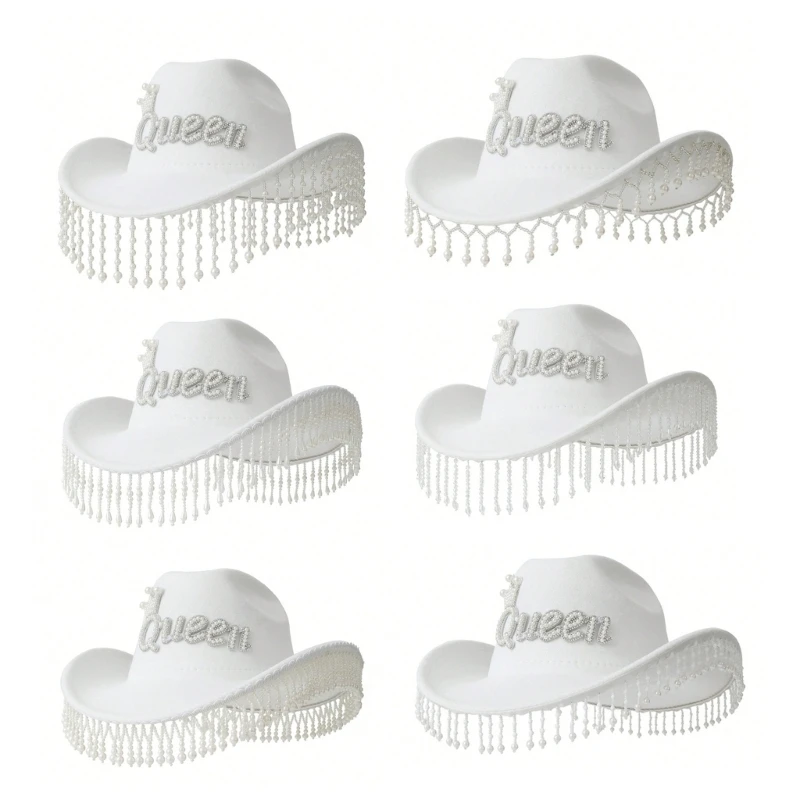 

A0NF Vacation Cowboy Hat "Queen" Panama Hat Pearls Tassels Hat Pearls Hand Beading Pearls for Carnivals Music Festival