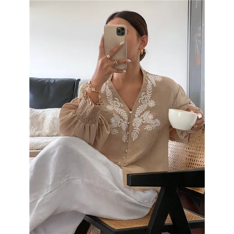 

ASDS-Women's Embroidered Linen Shirts Button Up Sleeve V Neck Boho Blouse