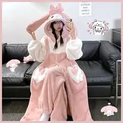 Kawaii My Melody Women Plush Pajamas Cinnamoroll Robe Set Sanrioed Cartoon Kuromi Homewear Winter Long Style Thickened Nightgown