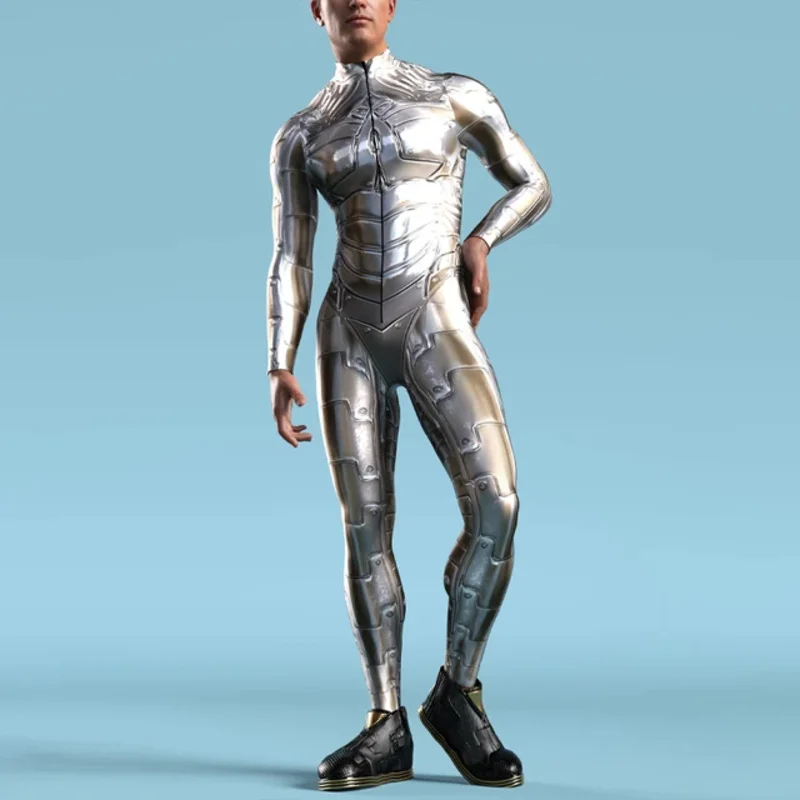 Silver Robot bodysuit 3D printing steampunk armor jumpsuit Zentai casual cycling clothing party cosplay costume carnival romper