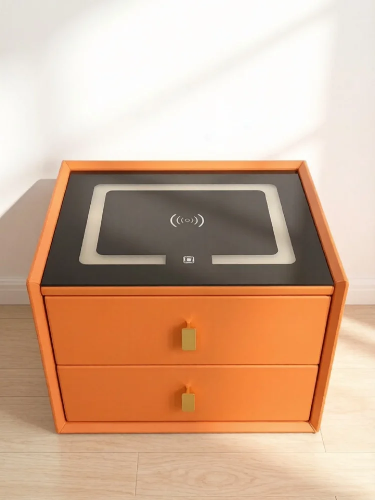 Wooden 2 Drawers Bedside Table Creative Faux Leather Bedroom End Table Modern Style Nightstands with Lock
