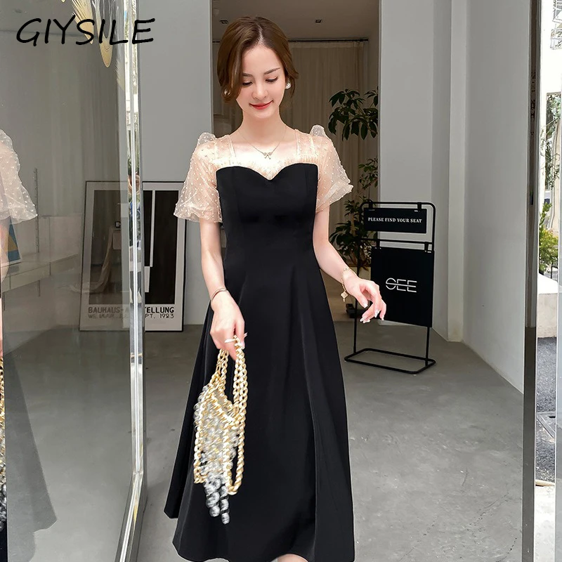 

Elegant Black Evening Dresses for Women Sexy Sweetheart Lantern Sleeve Mid Dress Temperament Birthday Banquet Gown Party Dress