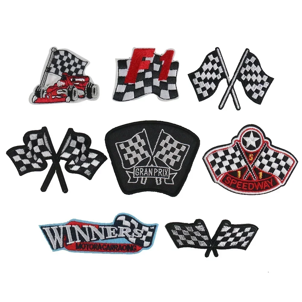 Chequered Flag Embroidery Patches Racing Motor Winner Badge Gran Prix Emblem Cloth Sticker Speedway Logo Appliques for Jacket