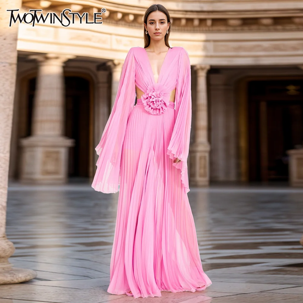 

TWOTWINSTYLE Backless Spliced Appliques Maxi Dresses For Women V Neck Long Sleeve High Waist Hollow Out Dresses Female KDR509418
