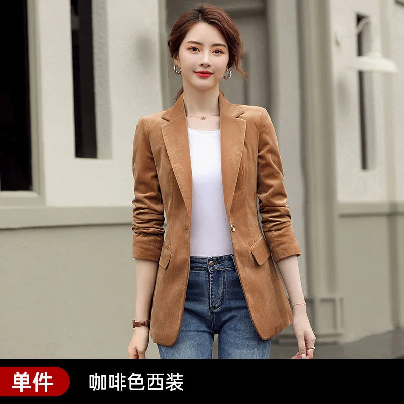 Women Blazer Corduroy Long Sleeve Retro Business Work  Temperament Lapel Neck Loose Casual Solid Jackets 2023 New Spring Autumn