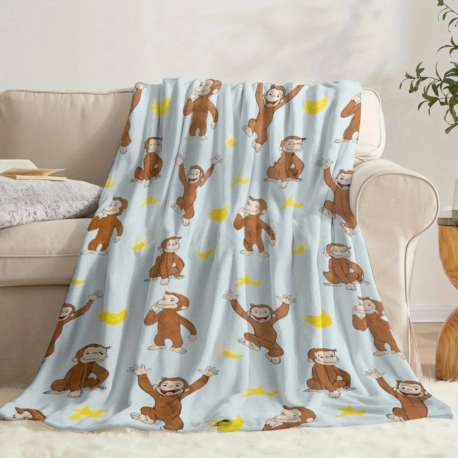 VIKAMA Curious George Monkey And Banana Print Blanket - Soft And Comfortable, Warm, Suitable For Sofas, Beds Or Offices