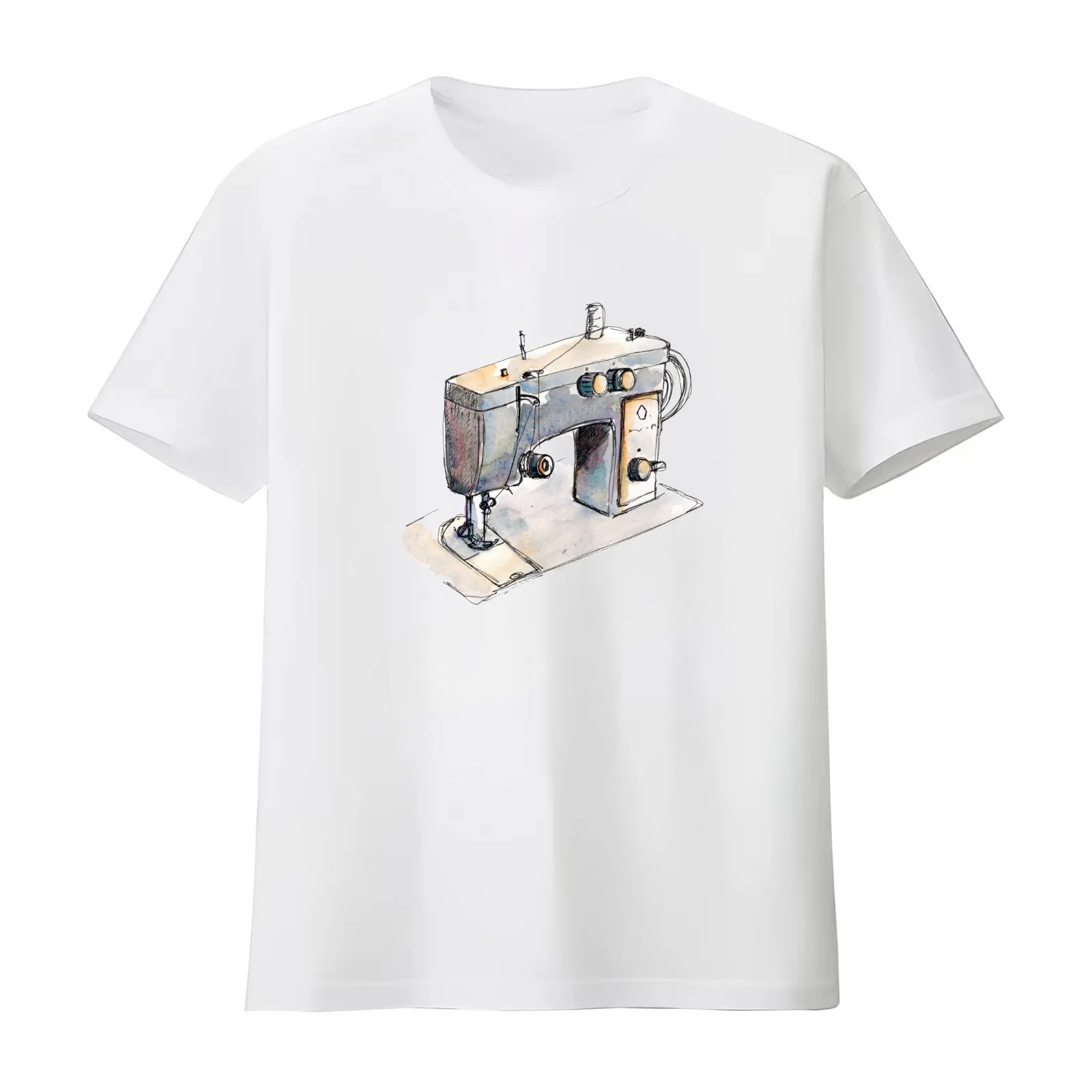 Watercolor sketch sewing machine T-Shirt Summer Casual Cotton Tee Oversized Streetwear Tops Vintage Graphic Print