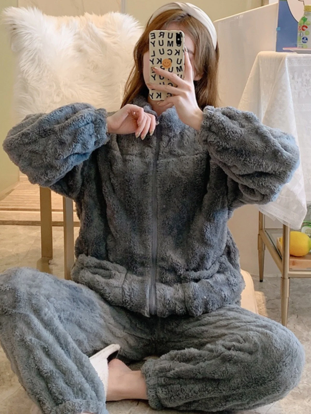 Winter Thickened Zipper Coral Fleece Pajamas Women's Plush Flannel Home Clothes Set New Style Pure Color Sleepwear Set