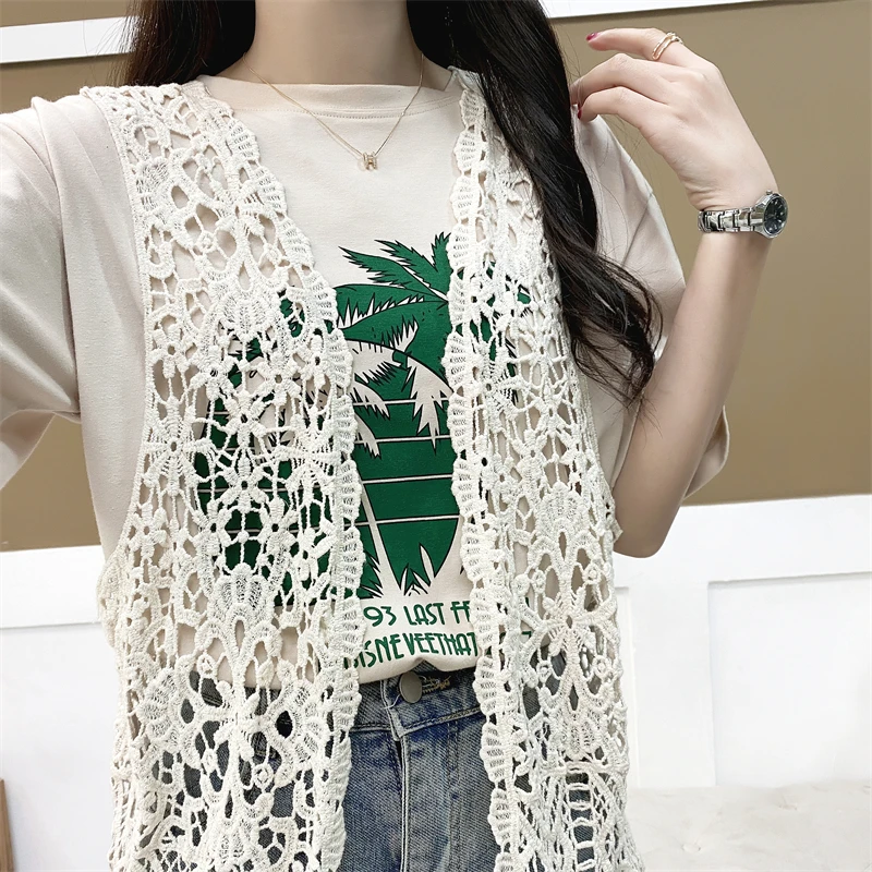 Summer Beige White Crochet Lace Vests For Women Holiday Beach Hollow Out Boho Cover-Up Korean Style Sleeveless Cotton Cardigan