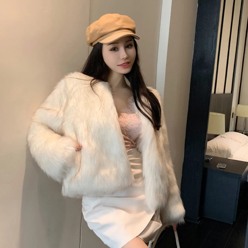 Mulheres falso casaco de pele de raposa inverno manga longa grosso quente jaqueta fofo solto moda coreano outwear elegante commuter escritório topo