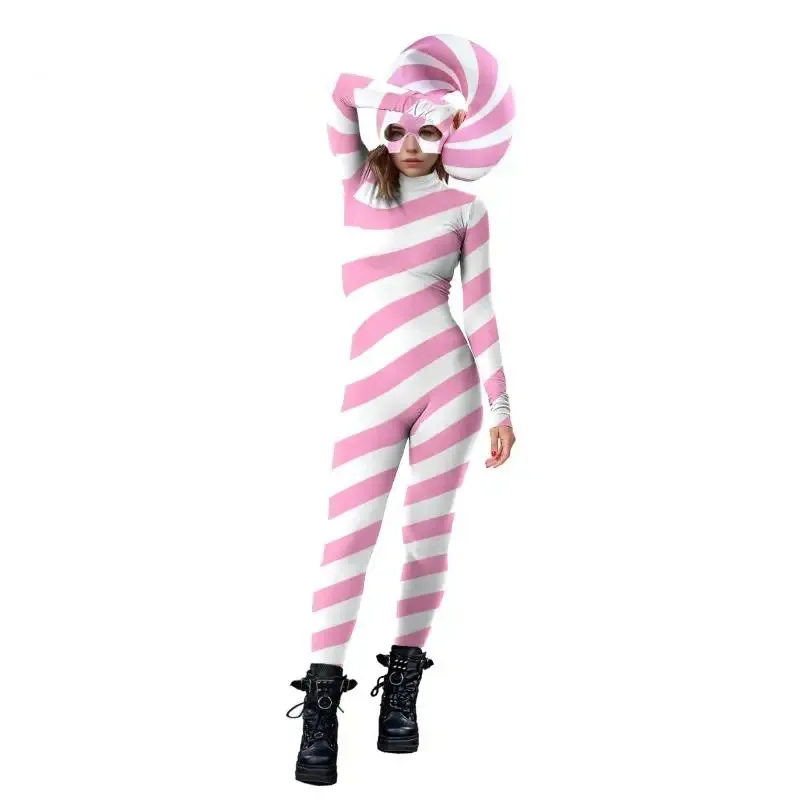 

Pink Candy Cane 3d Print Jumpsuit Stripe Cosplay Costume Halloween Outfit Festival Xmas Womens Bodysuit Christmas Party Zentai
