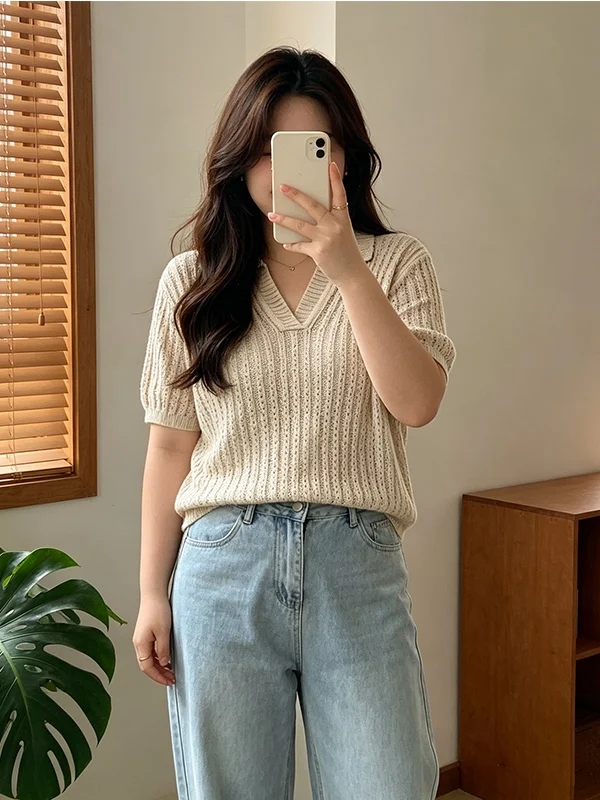 Oversize Summer New  Neck Short Sleeve Knitted Shirt Women's Shoulder T-Shirt Top Oats Color Hollow out Korean Style