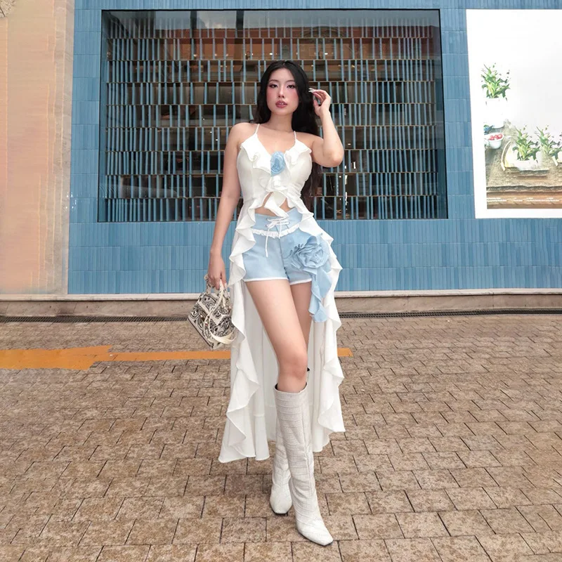 

Стиль отпуска, контрастный цвет, трехмерный цветок, рюши, топ с бретельками нестандартной формы, горячая девушка, сексуальный укороченный топ.