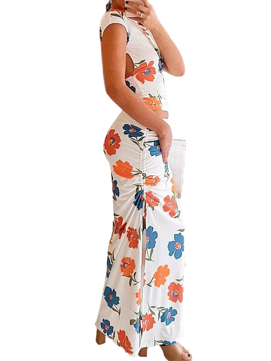 Women Summer Skirts Outfits Flower Print Short Sleeve Backless T-Shirts Tops Slit Long Skirt 2 Pieces Clothes Set