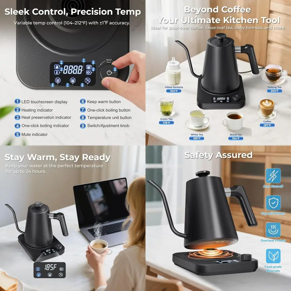 

Precision Temperature Control Electric Kettle, Altitude Compensation, 24H Insulation, Auto Memory, Food-Grade Stainless Steel, 1