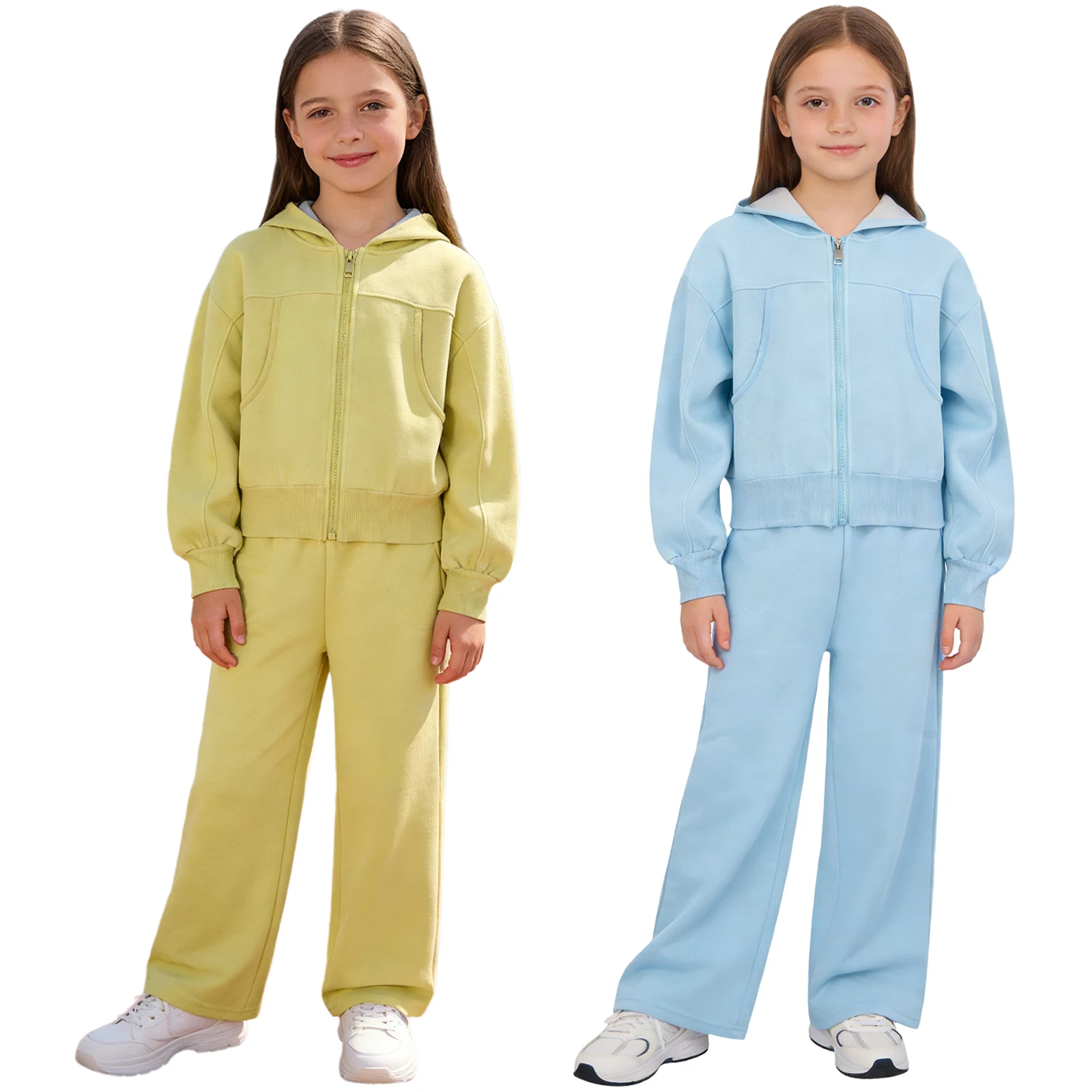 Set sportivo da 2 pezzi per ragazze, giacca con cappuccio e cerniera a maniche lunghe per yoga, palestra, allenamento, corsa, con pantaloni a gamba larga, abbigliamento per attività all'aperto