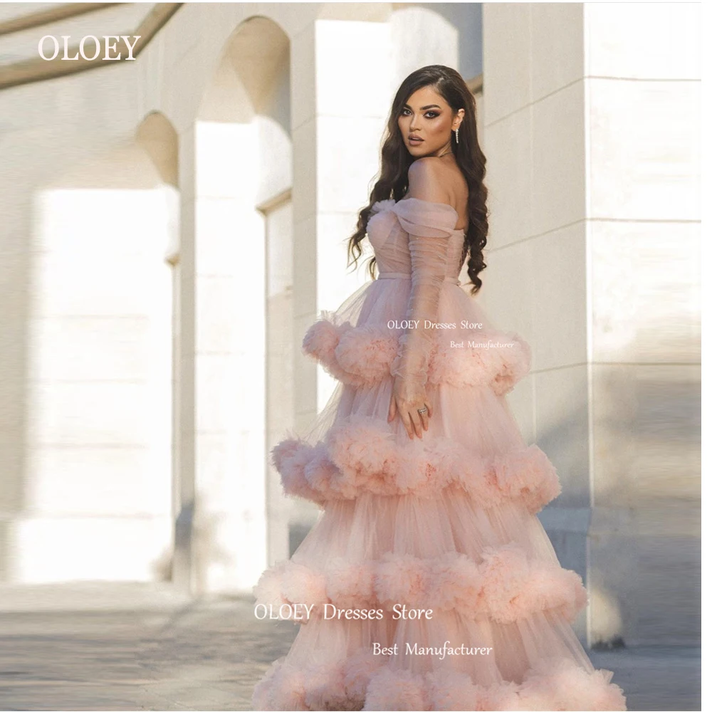 

OLOEY Luxury Blush Pink Ruffles Tulle Tiered Prom Dresses Dubai Arabic Women Off the Shoulder Evening Gowns Wedding Party