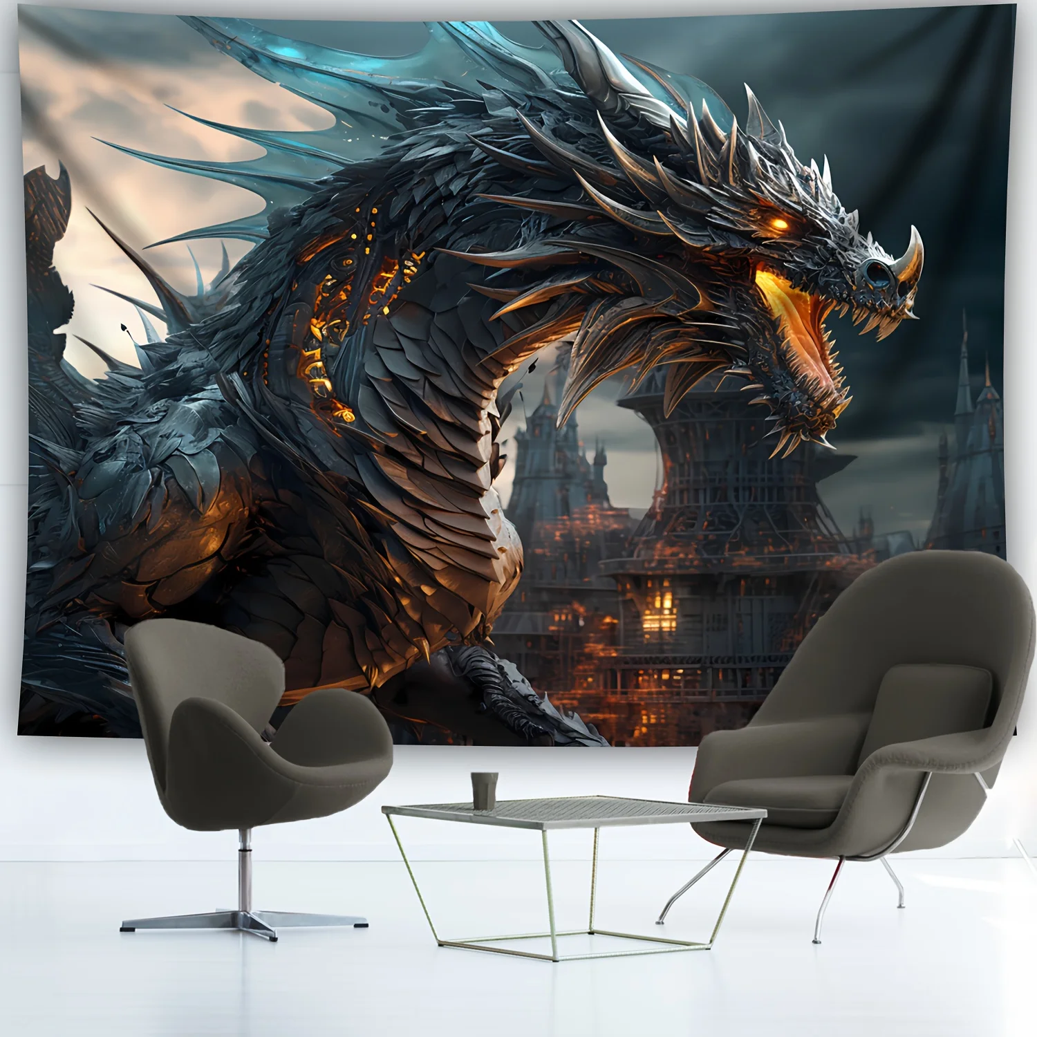 Epic Fantasy Dragon Tapestry Wall Mural Decor Mythology Gothic Creature Art Hanging Fabric Print for Game Room Living Space