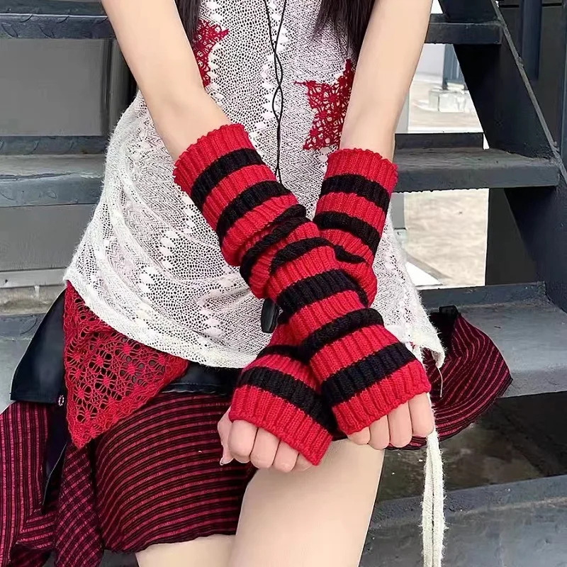 Sarung tangan lengan panjang untuk wanita, sarung tangan rajut lengan panjang musim dingin motif garis-garis, sarung tangan Hip-Hop luar ruangan motif garis-garis, sarung tangan panjang hangat untuk wanita