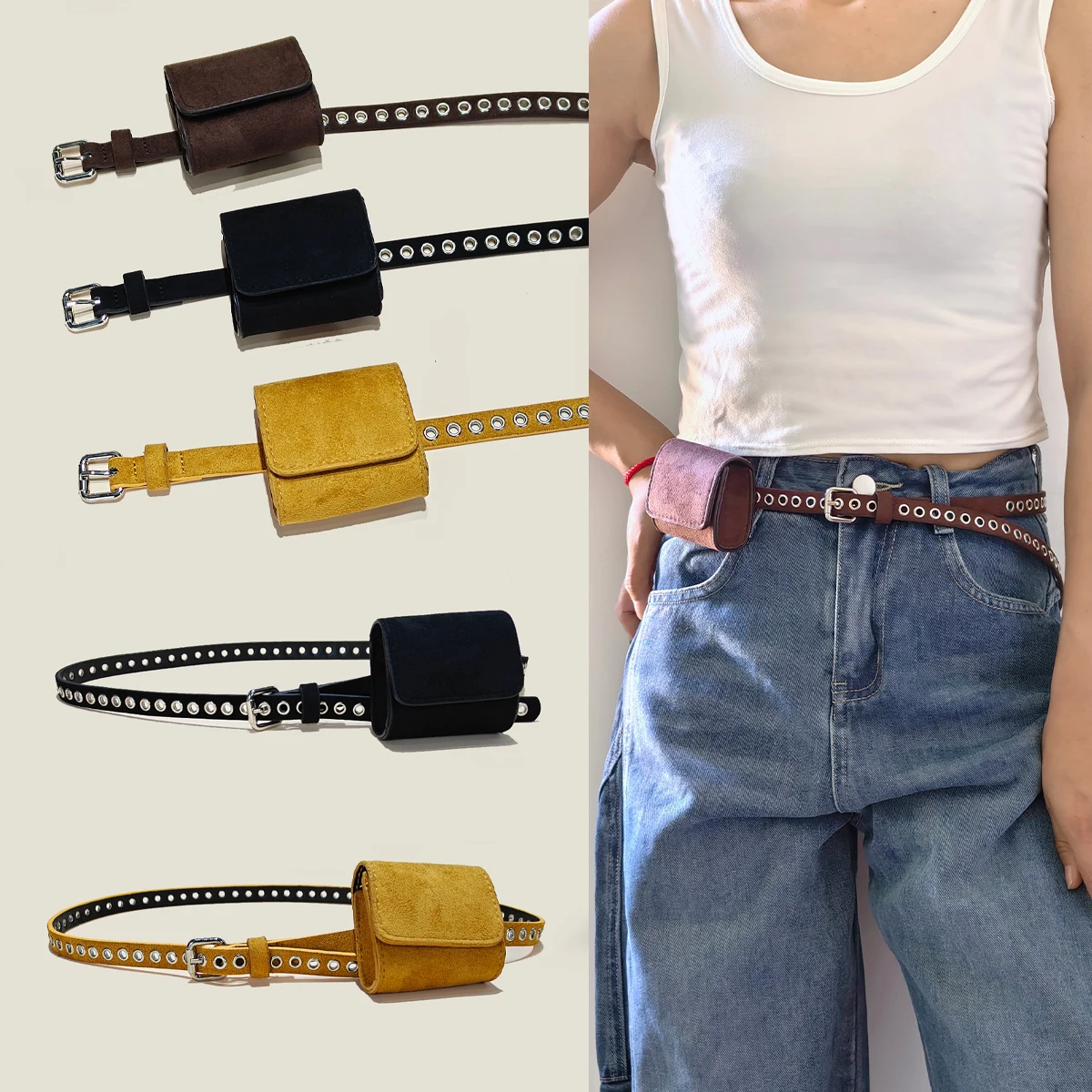 

Suede Leather Chain Waist Bag Shoulder Strap WOMEN'S Belt Bag Waist Wallet Fashion Waist Bag Detachable Play Waist Belt