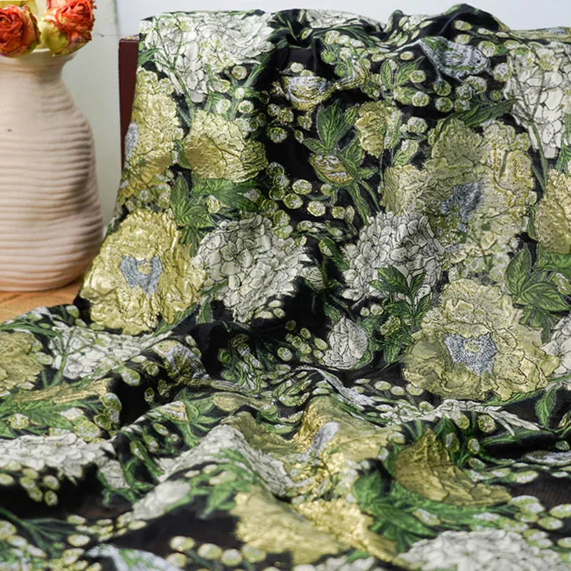 Palace Style Gold Silk Flower and Bird Jacquard Fabric Retro Hanfu Dress Diy Sewing Fabric