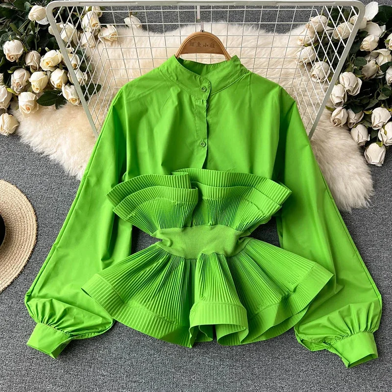 New Spring Elegant Women Shirt Chic Pleated Ruffle Edge Wrapped Waist Slim Tops Female Y2k Vintage Tunic Blusas Roupa Feminina