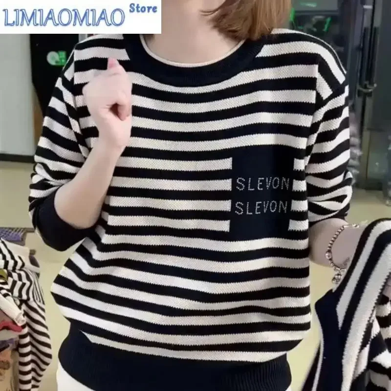 

Осень-зима пуловер с завинчивающейся нитью с круглым вырезом в полоску контрастного цвета фонарь с длинными рукавами и карманами свитер вязаные элегантные топы