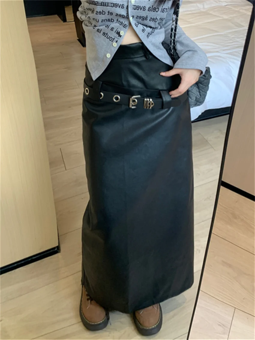 

Alien Kitty Daily Long Skirts Women Retro Slim Bodycon Chic High Waist Streetwear Elegant 2023 Slim New Office Lady Faux PU