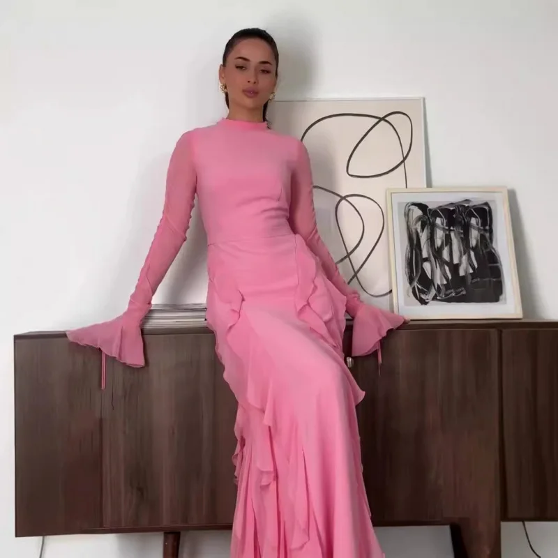 

2025Spring New Ruffled Edge Patchwork Court Style Chiffon Elegant Half High Collar Dress