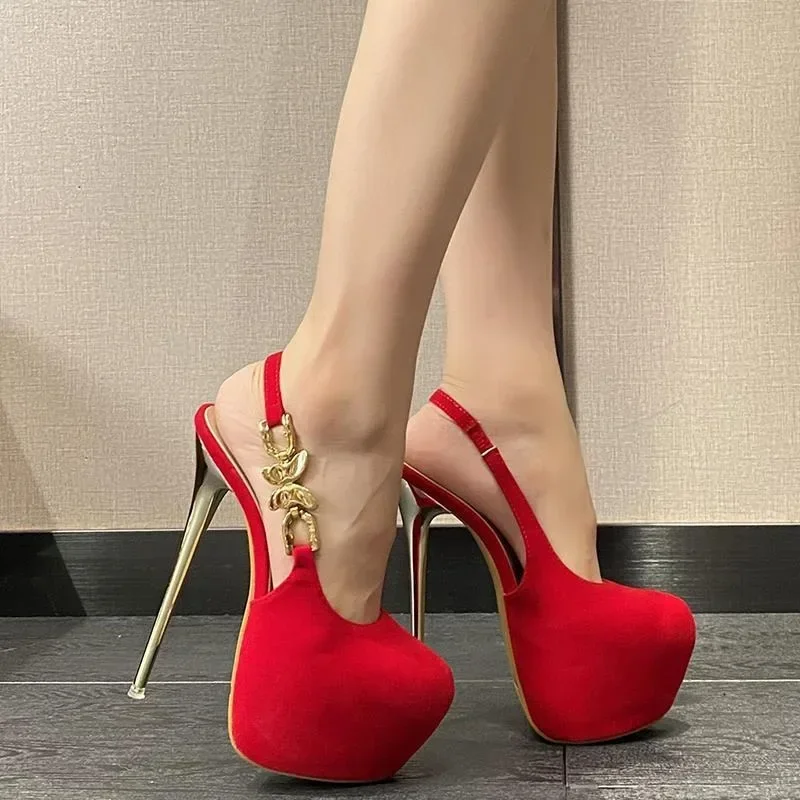 Fashion Design Metal Butterfly Chain Back Strap Women Platform Pumps Pink Round Toe Ultra High Heels Strip Pole Dance Shoe