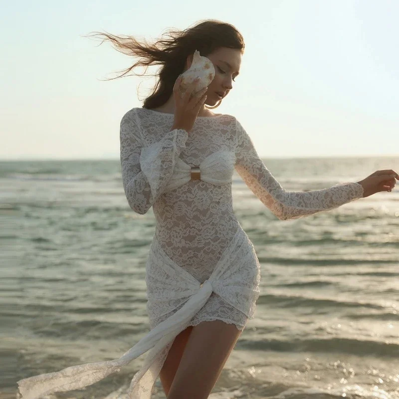 فستان قصير أنيق برقبة دائرية وأكمام طويلة من الدانتيل شفاف للنساء لحفلات الخريف والعطلات على الشاطئ ومظهر مثير للسهرة والتاريخ #3