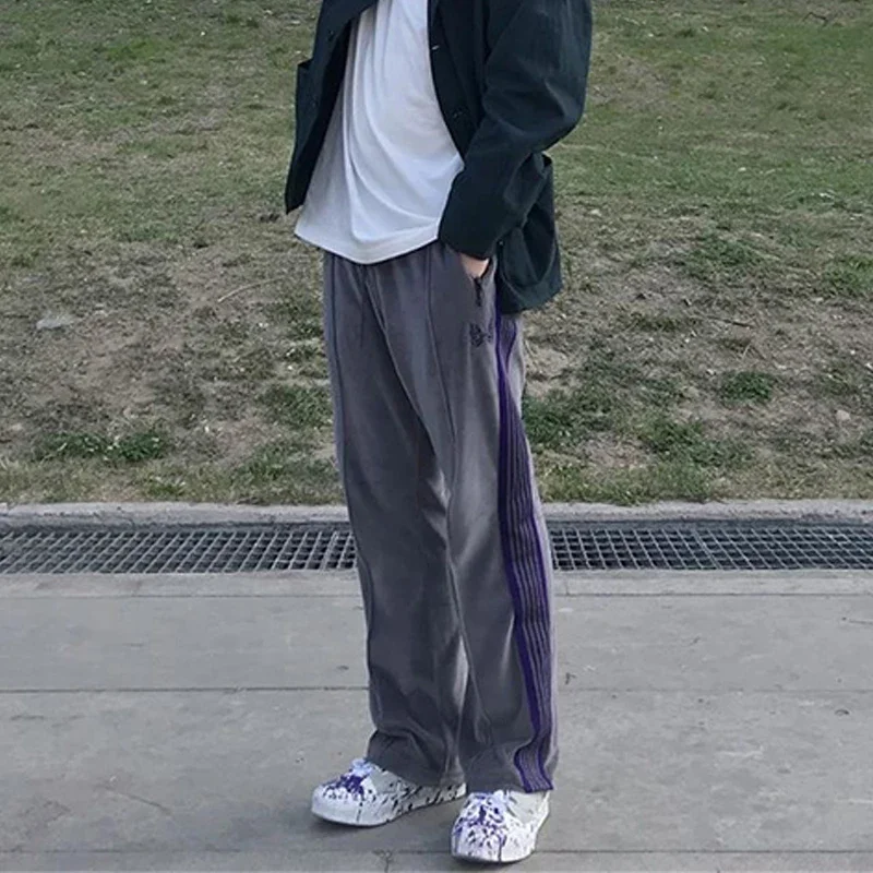 Arrival Cotton Velvet Pants Butterfly Embroidery+Purple Webbing Track Stripe Oversize Sweatpants Men Women Gray Trousers