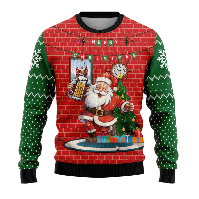 Cartoon Santa Claus Ugly Christmas Sweater Cute Gnome Graphic Sweatshirt For Women Clothes Casual Unisex Polyester Pullover Tops