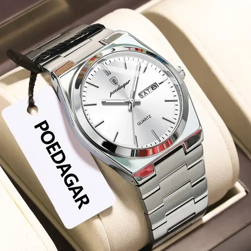 Imagen 2 del producto Reloj de pulsera POEDAGAR de lujo para hombre de negocios, reloj luminoso resistente al agua de acero inoxidable para hombre, relojes de cuarzo a la moda con fecha y semana para hombre