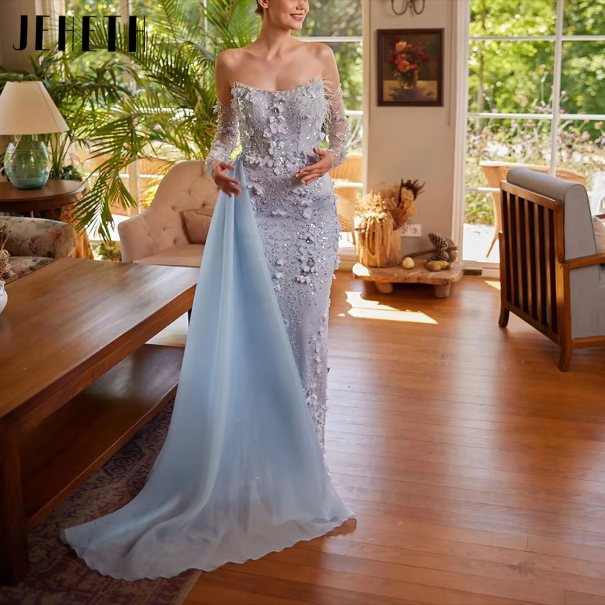 

JEHETH Exqusite Blue Flowers Mermaid Women Evening Gowns Elegant Strapless Long Sleeves Party Dress Formal Evening Customized