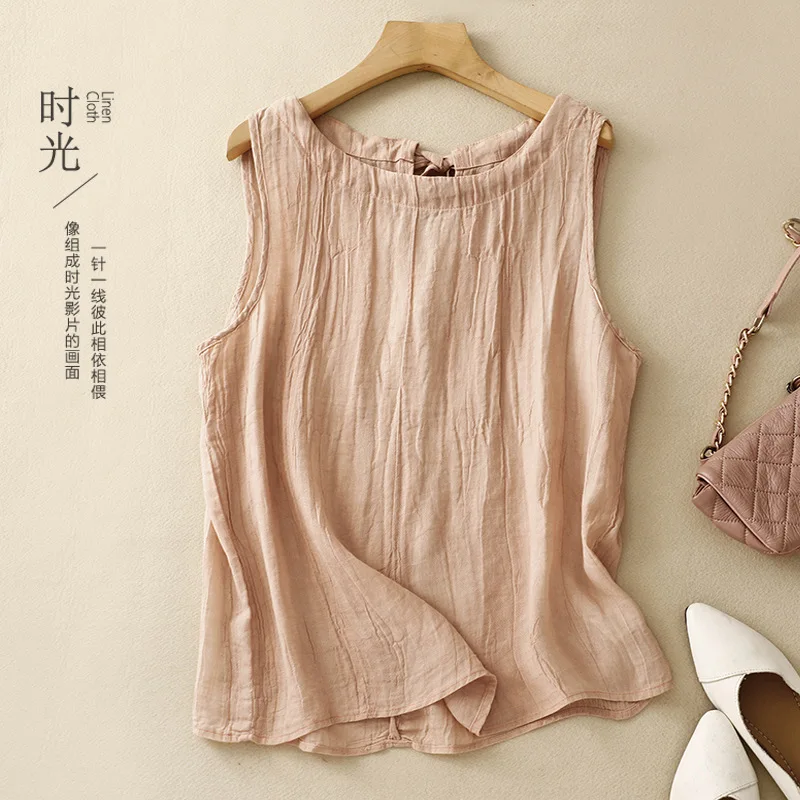 Summer Retro Loose Women Pleated Tank Top Cotton Linen Loose Breathable Solid Color Vintage Sleeveless Tops Outer Wear Crop Tops