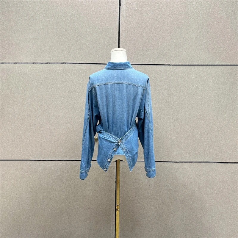 Veste en jean à revers et cravate croisée pour femme, haut en denim à simple boutonnage, y2k, de haute qualité, à la mode et élégante, en pur coton lavé, nouvelle collection automne