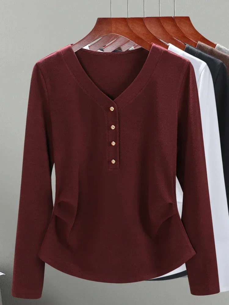 V-neck Long Sleeved T-shirt for Women, 2024 Autumn and Winter New Collection, Ankela Red Fashionable French Style Top