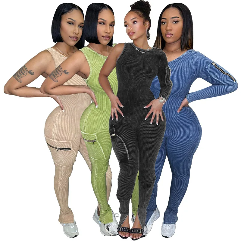 

Women Jumpsuit Fall Fashion Stretch Cotton Ribbed Pocket Single Sleeve Tight Jumpsuit Casual Sportwear Fitness Joggers Romper