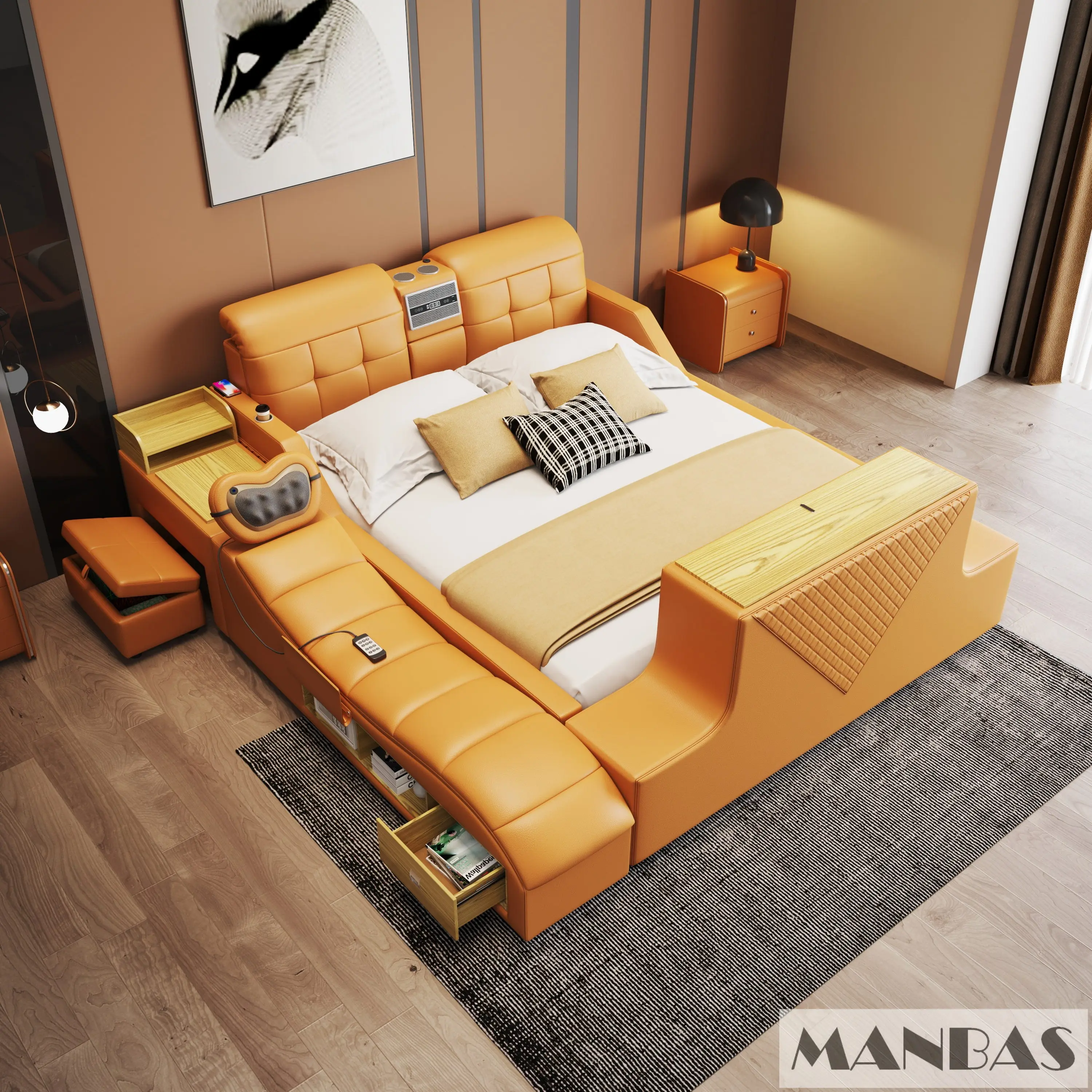 Custom MINGDIBAO Ultimate Tech Smart Bed Genuine Leather Multifunctional Frame Massage Speaker Reclining Modern Air Purifier Sof