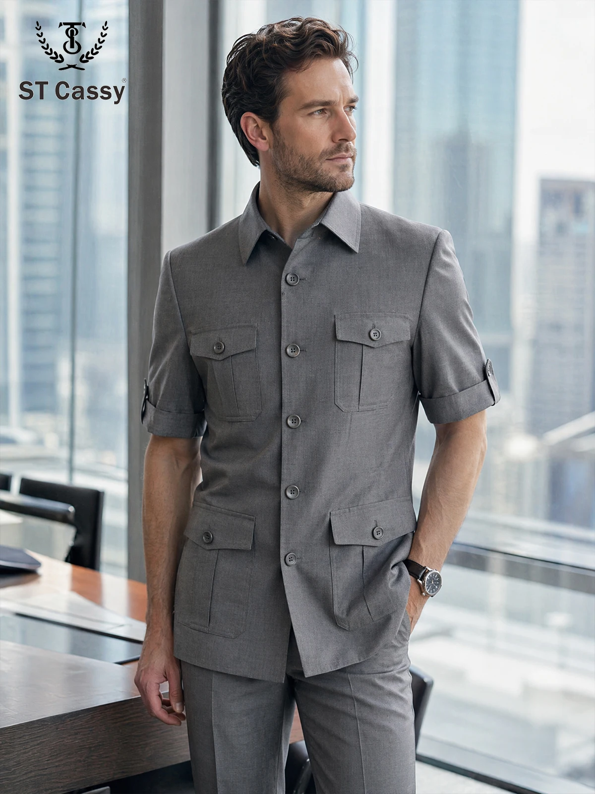 

Dark grey Summer thin version Men's Suits Safari Short Sleeve Fashion leisure2 Piece set Jacket Pants Business Outwear Costum
