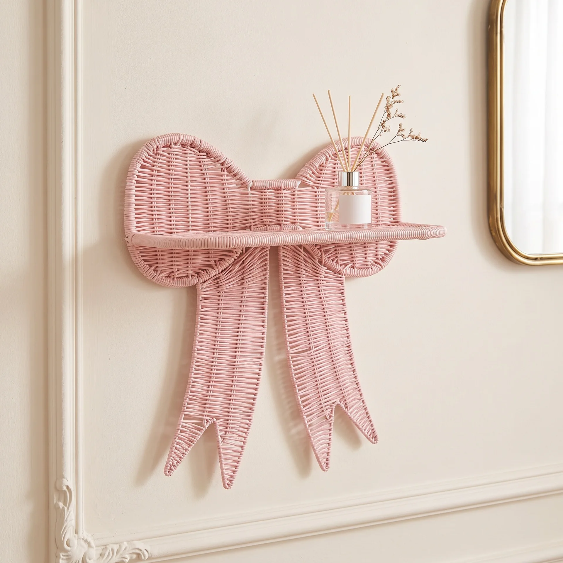 Hand Woven Synthetic Rattan Bow Wall Shelf, Cute Bowknot Floating Display Rack Wall Mount for Nursery Bedroom Home Decor
