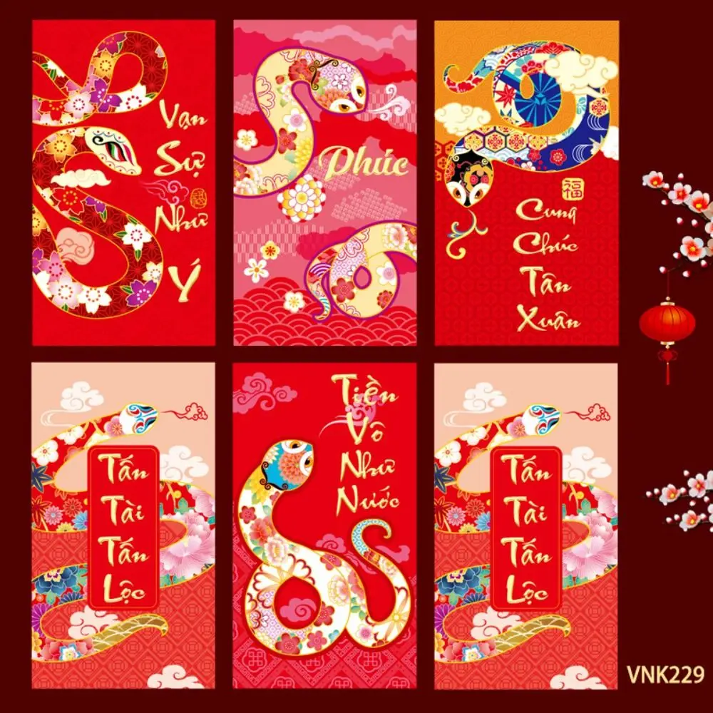 6PCS Vietnam 2025 New Year Red Envelope Blessing Spring Festival Snake Pattern Money Envelope Money Bags HongBao