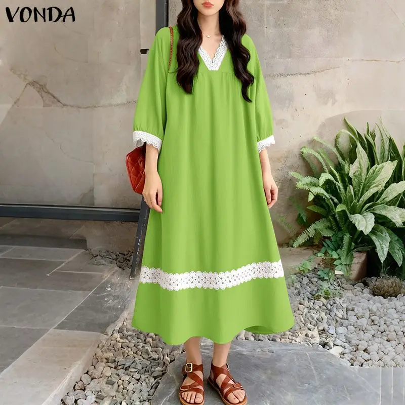 VONDA 여성 우아한 롱 셔츠 드레스 v 넥 레이스 패치 워크 미디 sundress 패션 캐주얼 루즈 3/4 슬리브 파티 가운 여성