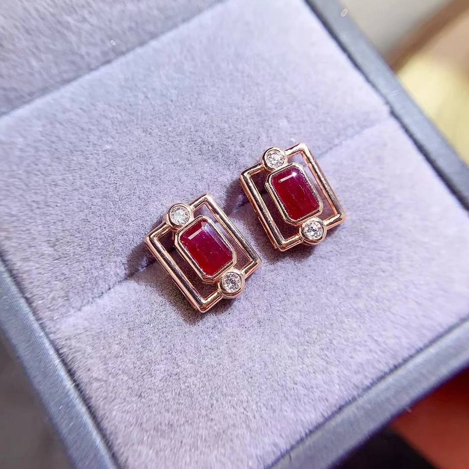 Rectangle Shape 925 Silver Ruby Stud Earrings 4mm*6mm Total 1.1ct Natural Ruby Earrings Allergy Free Gold Plated Jewelry