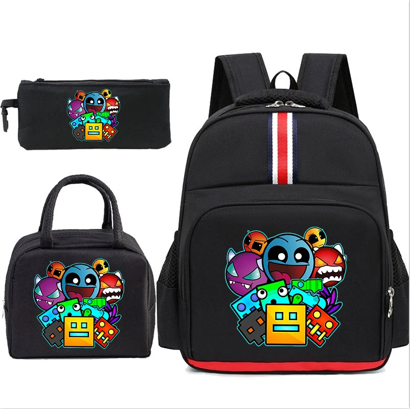 

Geometry Dash 3pcs Set Backpack Children School Bags Students Insulated Lunch Bag Pencil Case Primary Schoolbag for Boys Girls