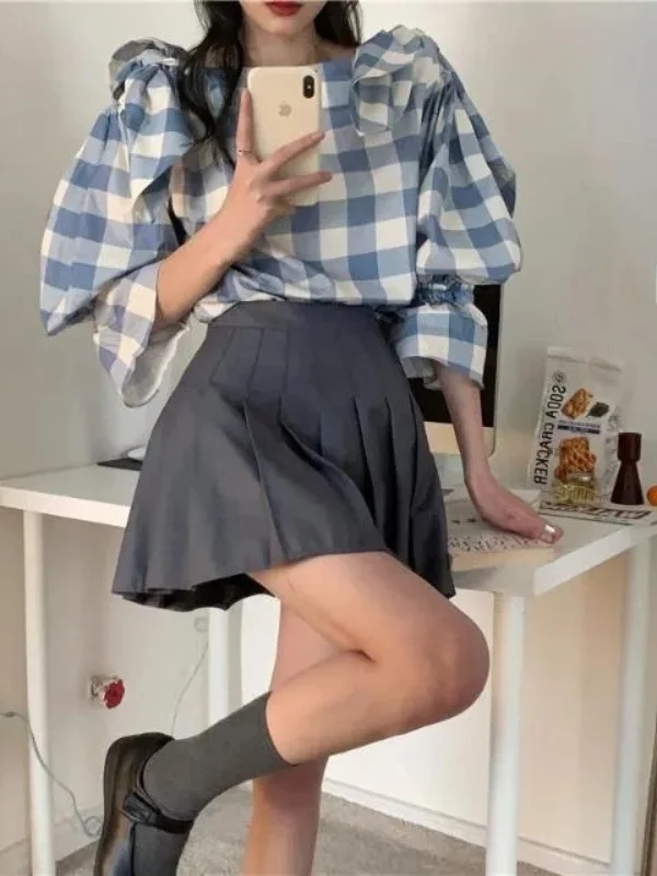 

Korean Sle Knot Sve Plaid irt And Pleated Skirt Set Single Piece Versatile Outfit for Young Women