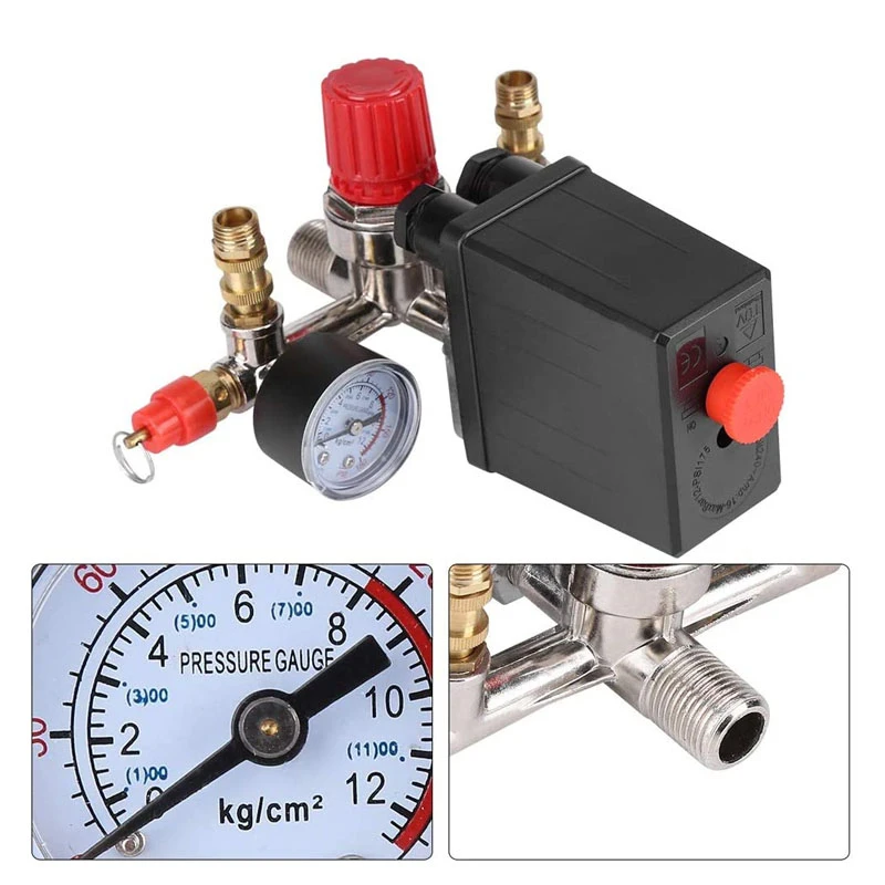 

Pressure Switch Control Valve Adjustable 20mm Connector 90-120PSI Pressure Switch Manifold Regulator Gauges for Air Compressor