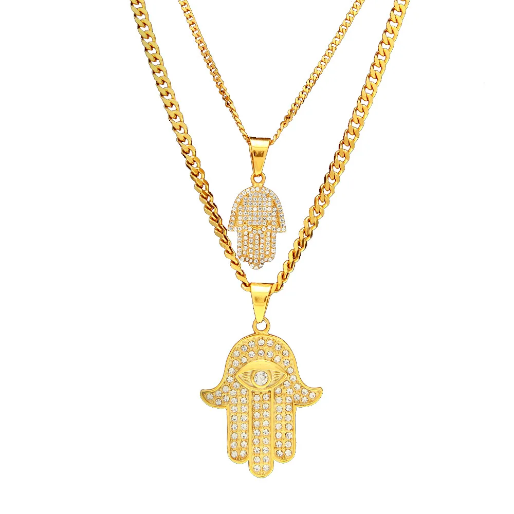 

Ожерелье унисекс «Рука Фатимы» (новая мужская нержавеющая сталь в стиле хип-хоп, многослойный дизайн, инкрустированный бриллиантами)