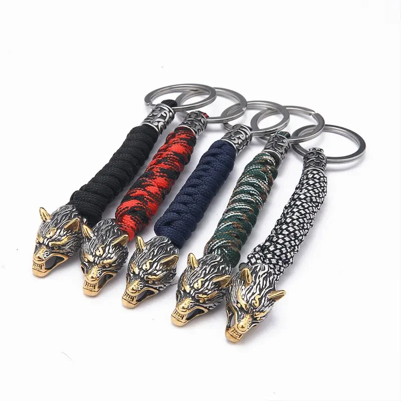 Vintage Celtic wolf Keychains Vikings Knife Pendant Stainless Steel Paracord Rope Survival Keyring Handmade Male Bag Accessories